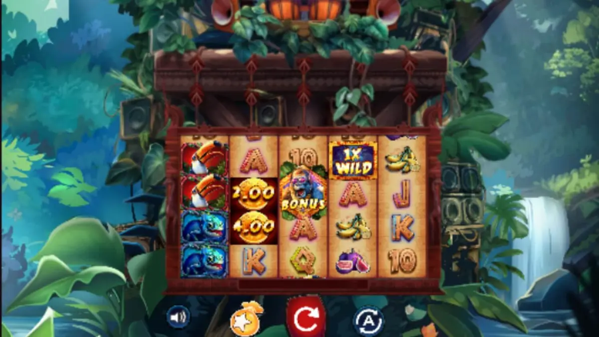 Pemandangan hutan tropis yang penuh warna dalam slot Kongo Bongo